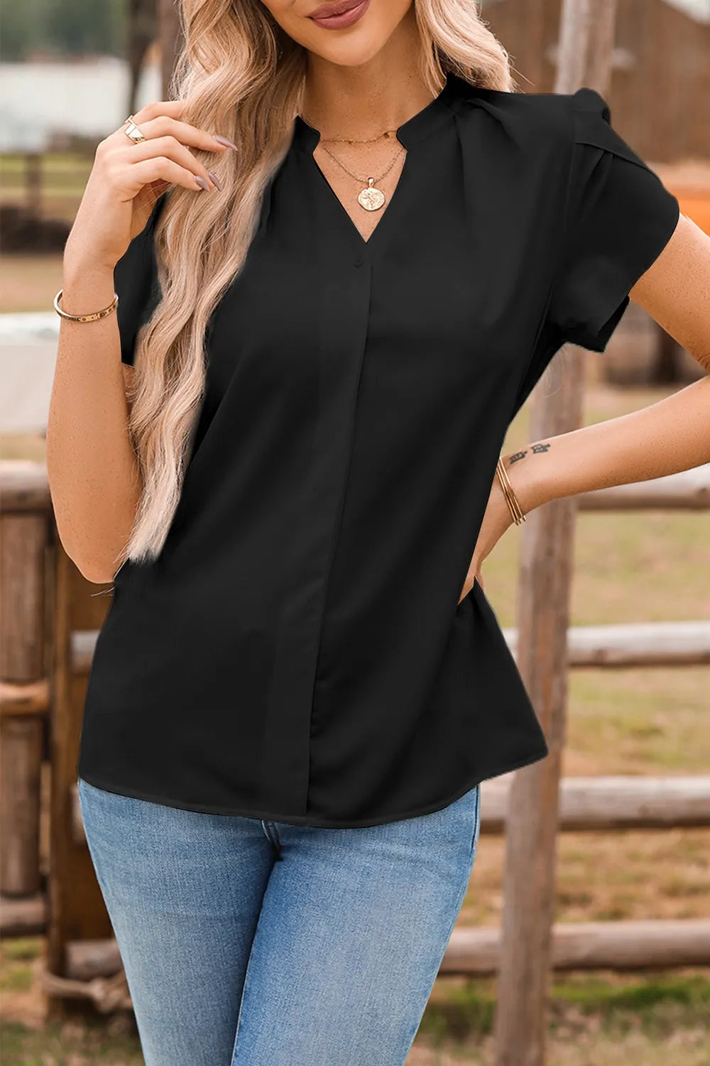 Short Sleeve Notched Blouse