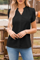 Short Sleeve Notched Blouse Black / S