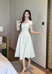 Short Sleeve Rhinestone-Detailed A-Line Midi Dress