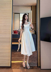 Short Sleeve Rhinestone-Detailed A-Line Midi Dress
