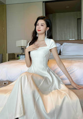 Short Sleeve Rhinestone-Detailed A-Line Midi Dress