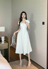 Short Sleeve Rhinestone-Detailed A-Line Midi Dress