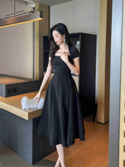 Short Sleeve Rhinestone-Detailed A-Line Midi Dress