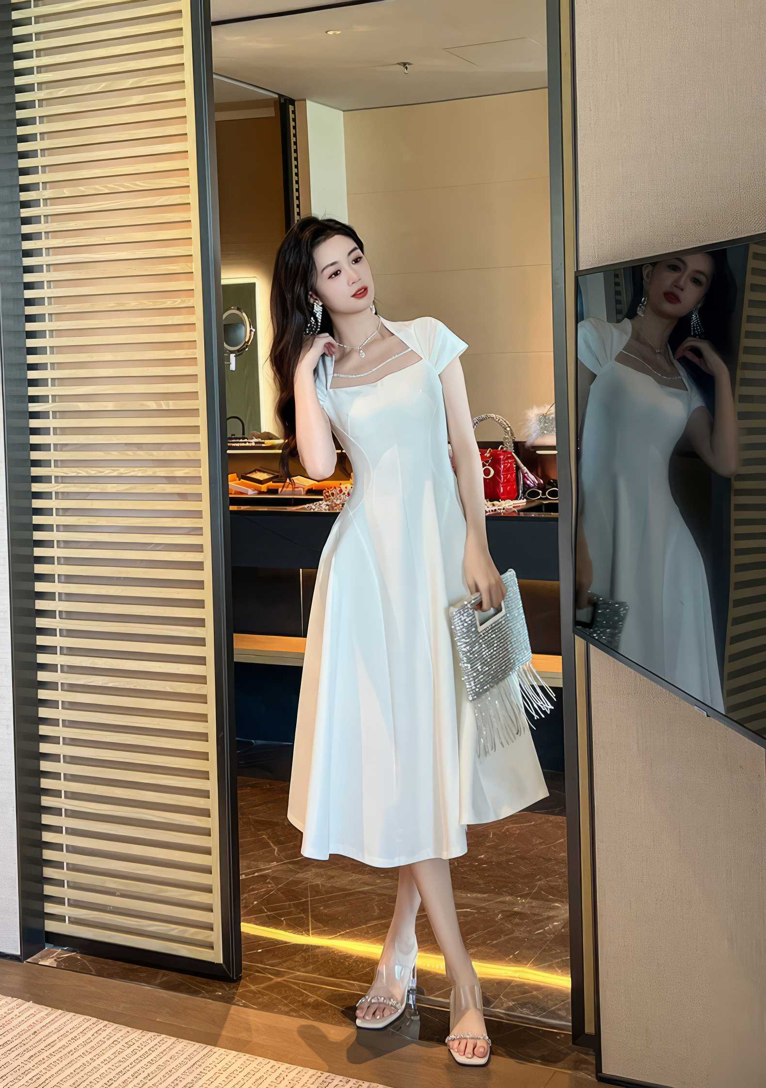 Short Sleeve Rhinestone-Detailed A-Line Midi Dress