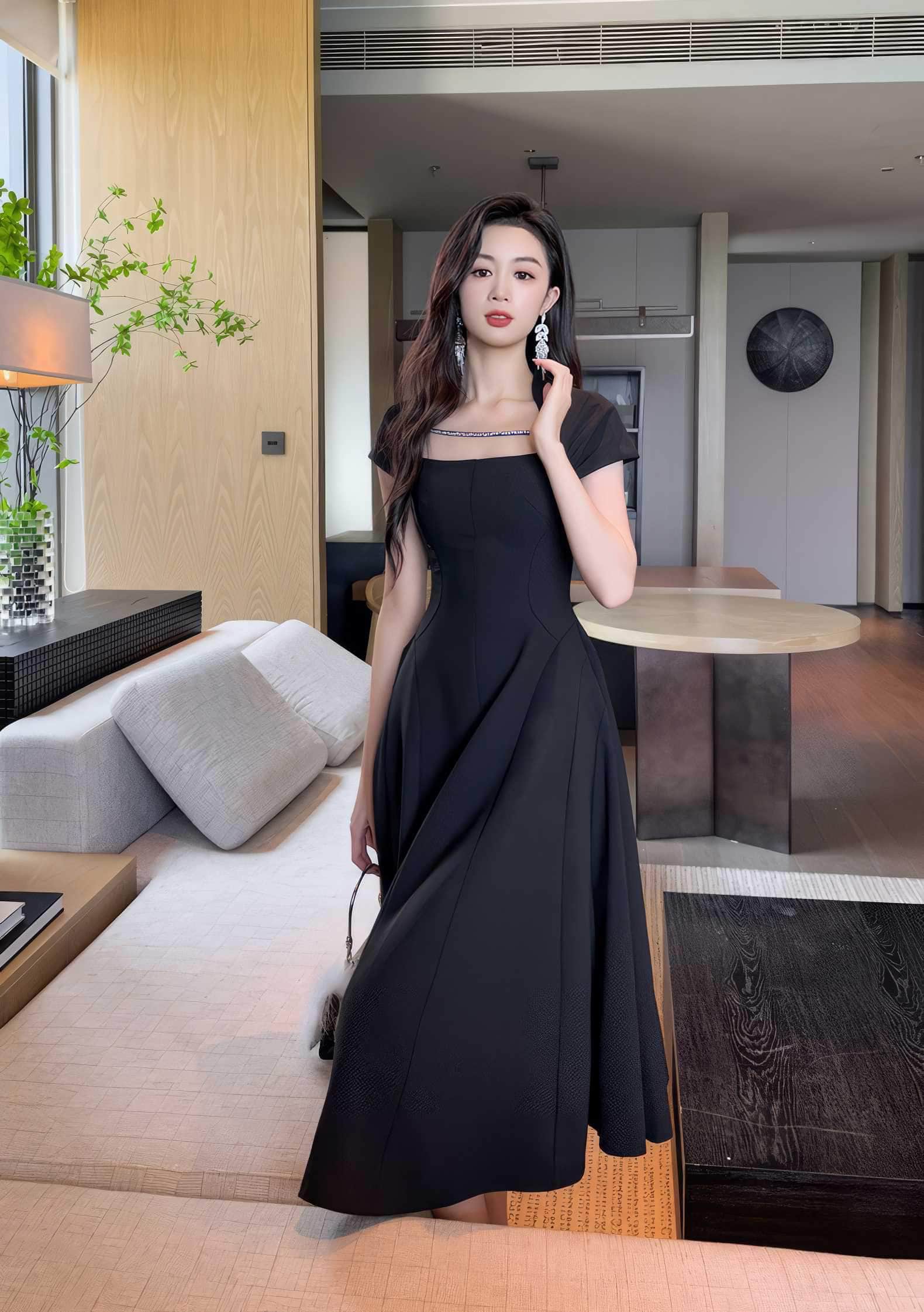Short Sleeve Rhinestone-Detailed A-Line Midi Dress