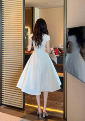 Short Sleeve Rhinestone-Detailed A-Line Midi Dress
