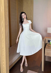 Short Sleeve Rhinestone-Detailed A-Line Midi Dress