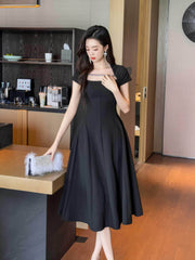 Short Sleeve Rhinestone-Detailed A-Line Midi Dress
