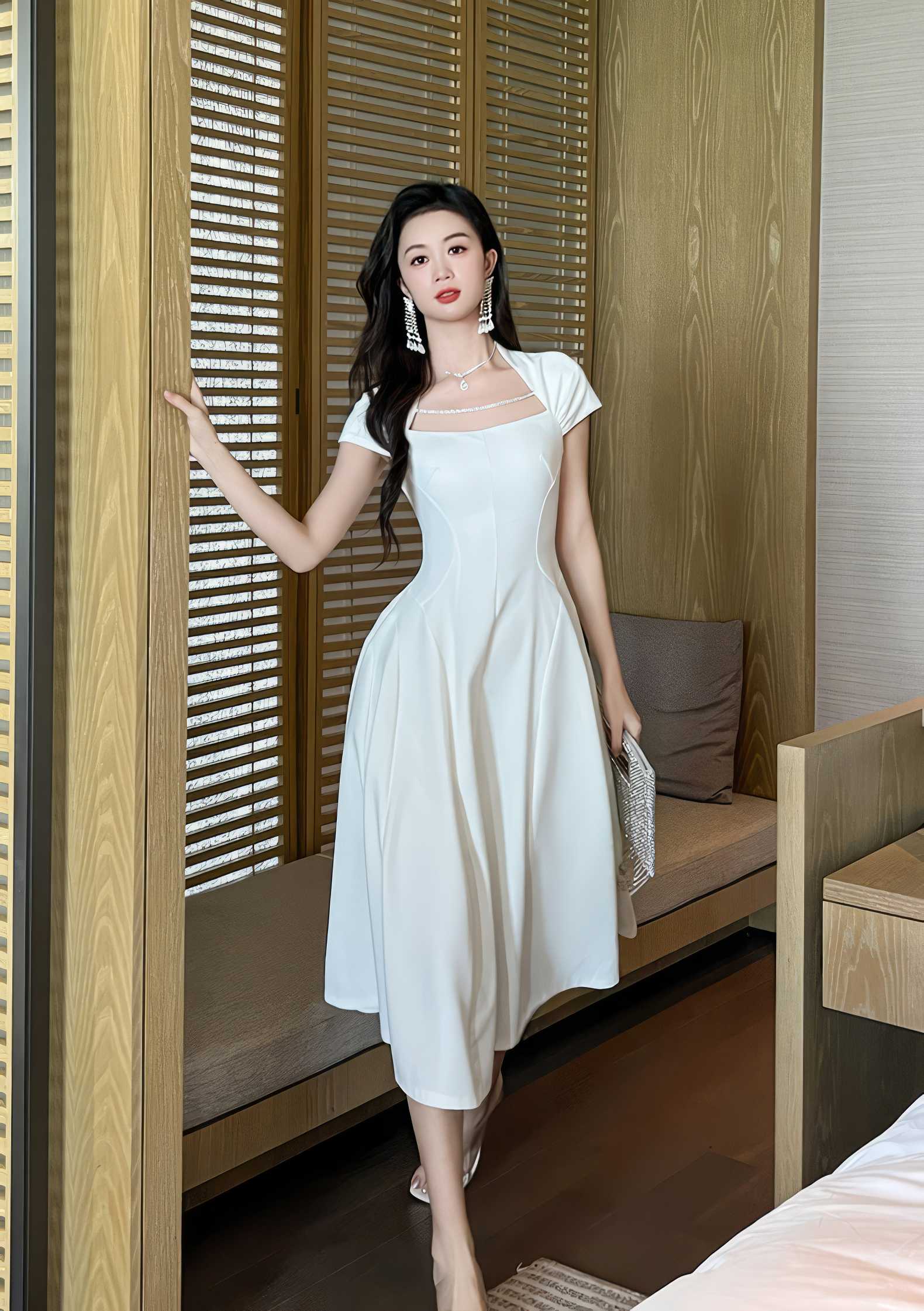 Short Sleeve Rhinestone-Detailed A-Line Midi Dress