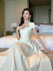 Short Sleeve Rhinestone-Detailed A-Line Midi Dress