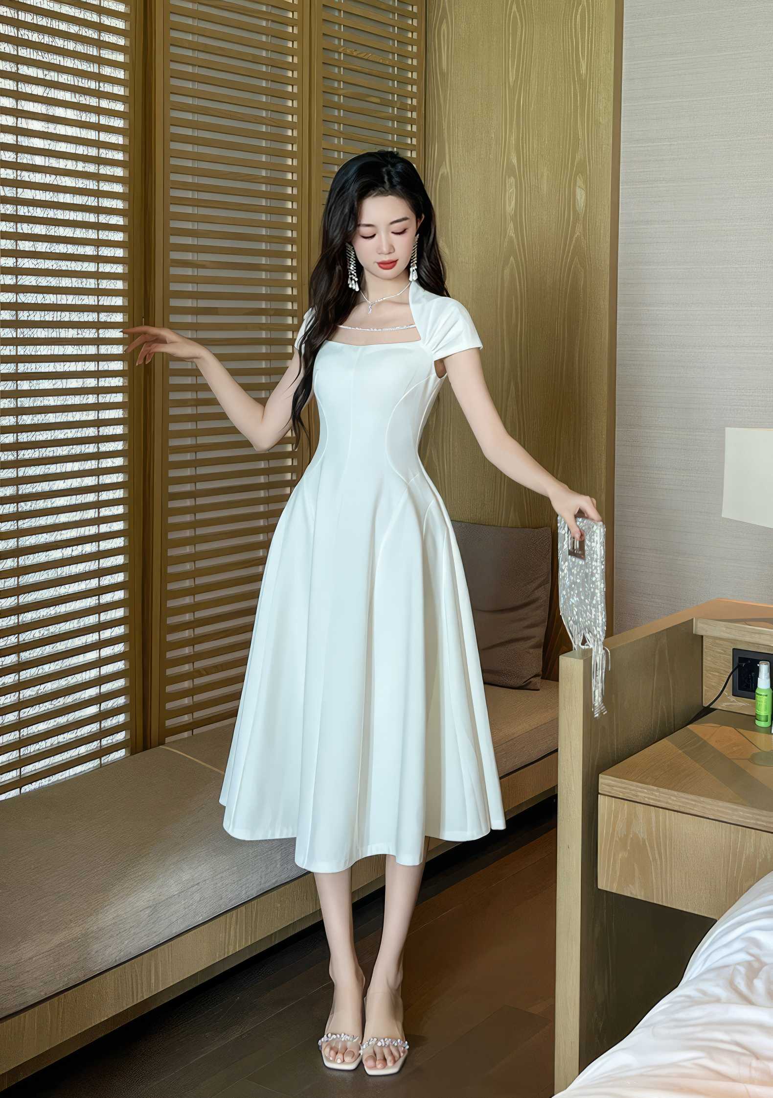 Short Sleeve Rhinestone-Detailed A-Line Midi Dress
