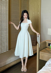 Short Sleeve Rhinestone-Detailed A-Line Midi Dress