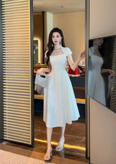 Short Sleeve Rhinestone-Detailed A-Line Midi Dress