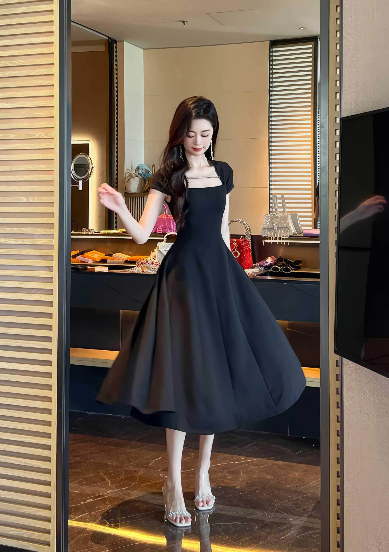 Short Sleeve Rhinestone-Detailed A-Line Midi Dress