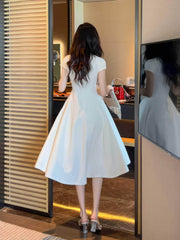 Short Sleeve Rhinestone-Detailed A-Line Midi Dress