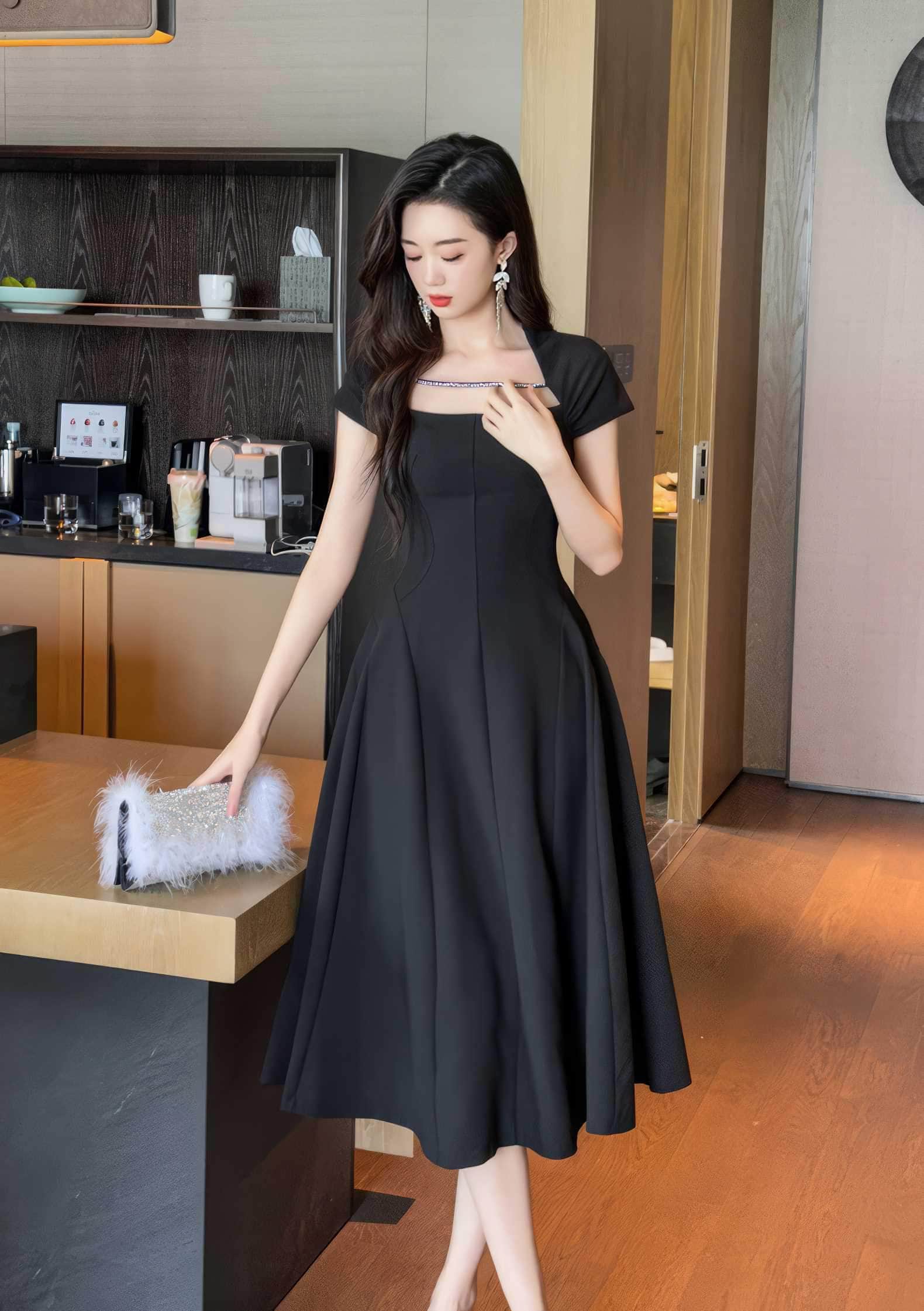 Short Sleeve Rhinestone-Detailed A-Line Midi Dress S / Black