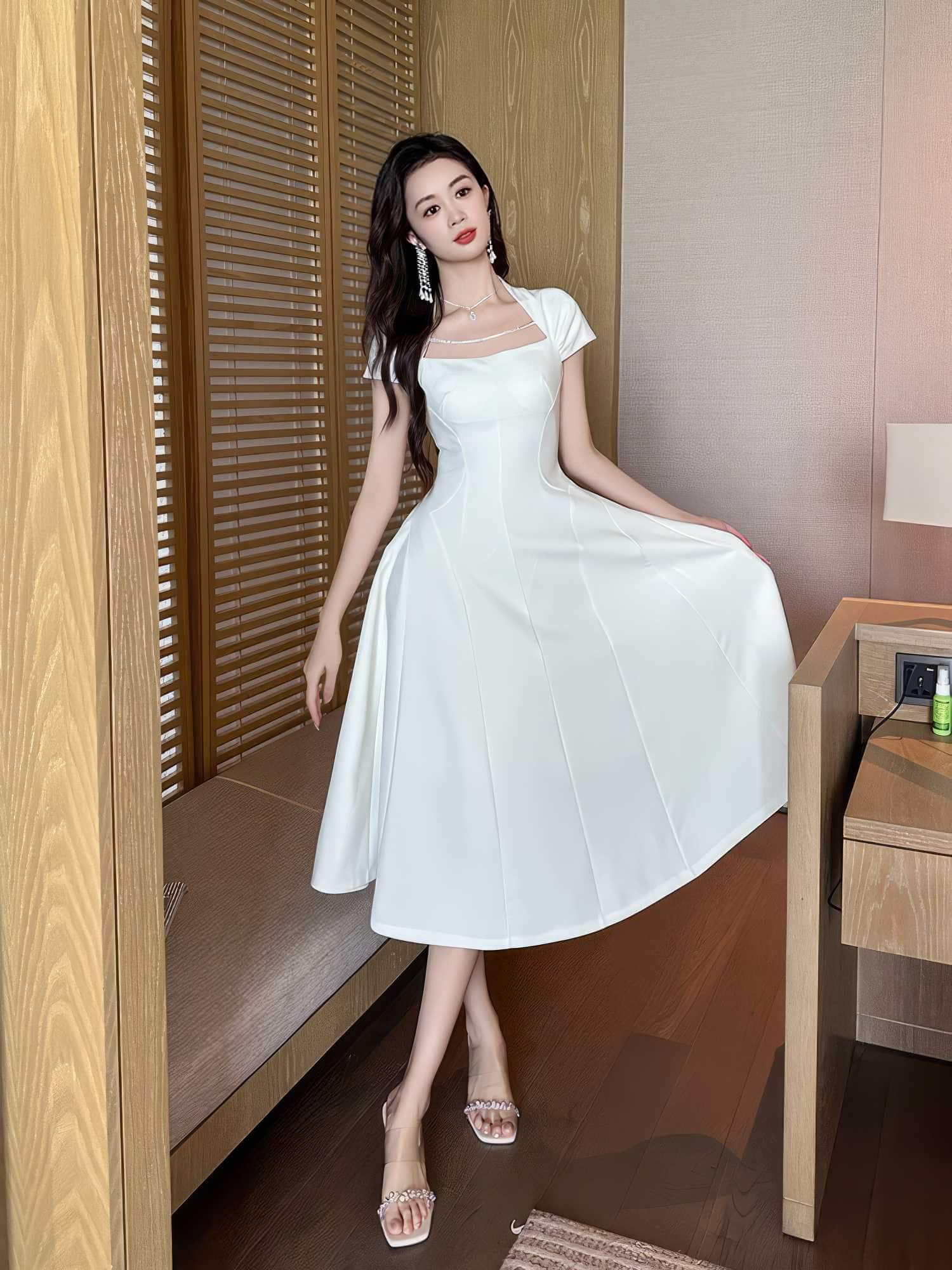 Short Sleeve Rhinestone-Detailed A-Line Midi Dress S / White