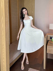 Short Sleeve Rhinestone-Detailed A-Line Midi Dress S / White