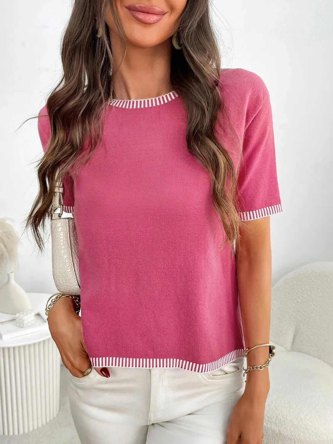 Short Sleeve Round Neck Knit Top