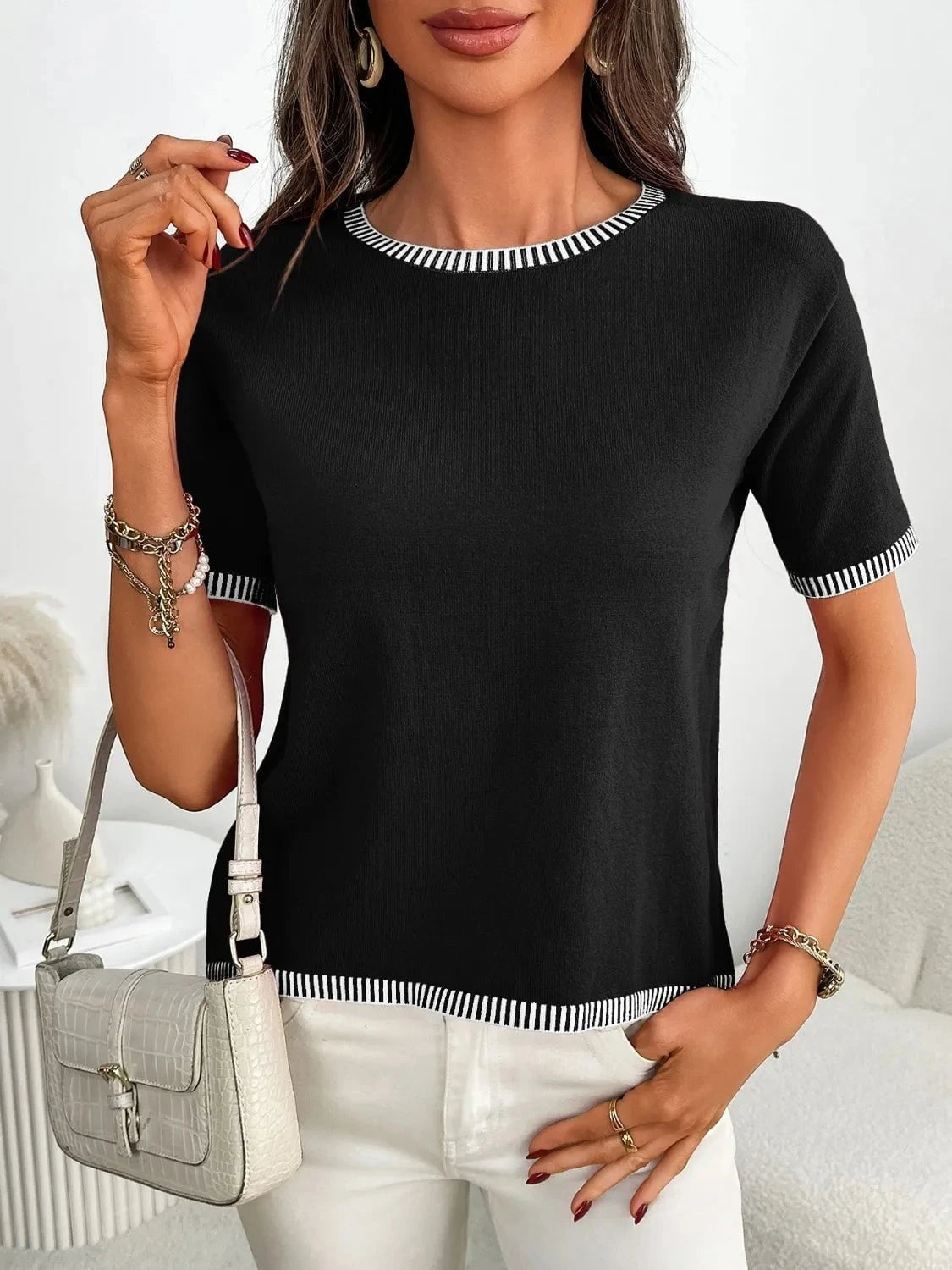 Short Sleeve Round Neck Knit Top Black / S
