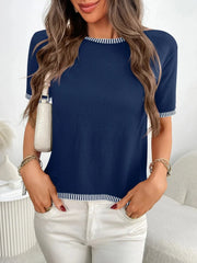Short Sleeve Round Neck Knit Top Dark Blue / S