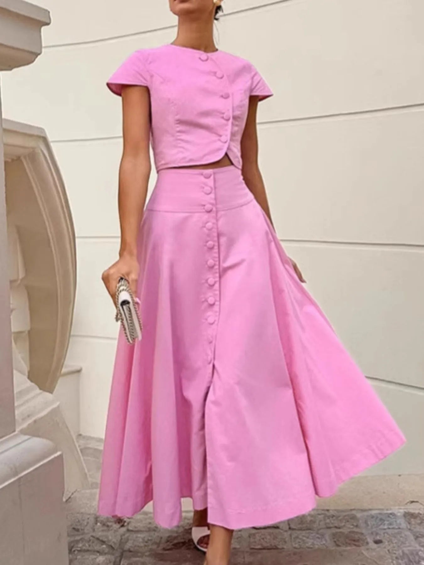 Short Sleeve Top and Skirt set Pink / S