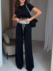 Short Sleeve Top and Wide Leg Pants Set Black / S