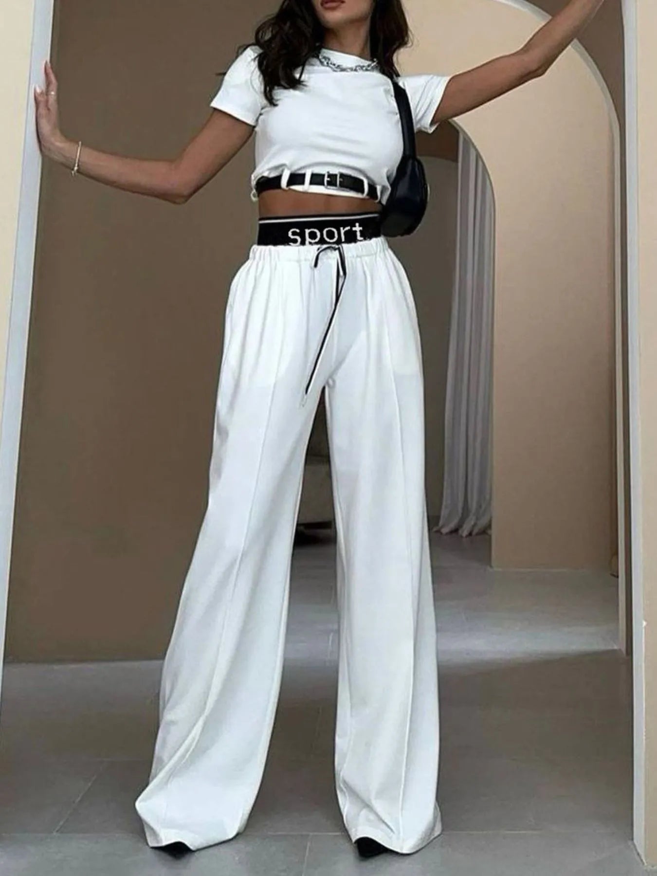 Short Sleeve Top and Wide Leg Pants Set White / S