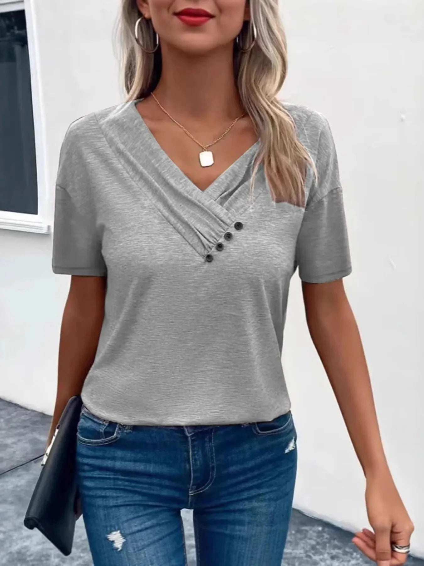 Short Sleeve V-Neck Ruched T-Shirt Light Gray / S