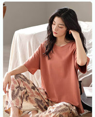 Short Sleeves Two Piece Floral Print Pajamas Set