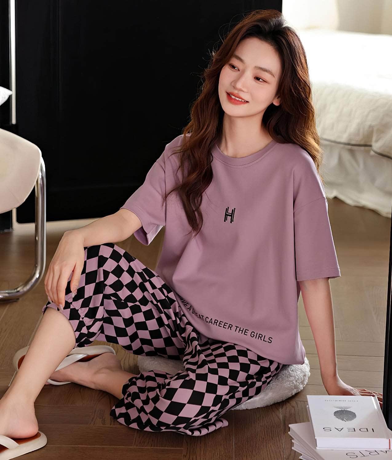 Short Sleeves Two Piece Plaid Pants Set