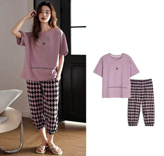 Short Sleeves Two Piece Plaid Pants Set