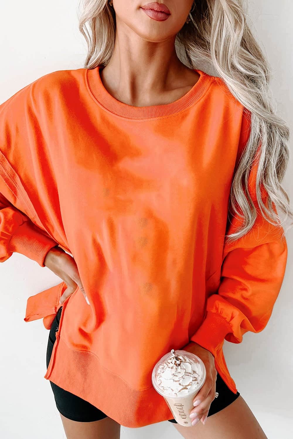 Side Slit Round Neck Long Sleeve Sweatshirt Orange / S