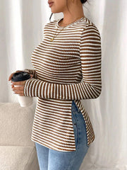 Side Slit Striped Long Sleeve T-Shirt