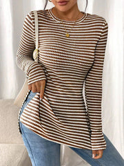 Side Slit Striped Long Sleeve T-Shirt