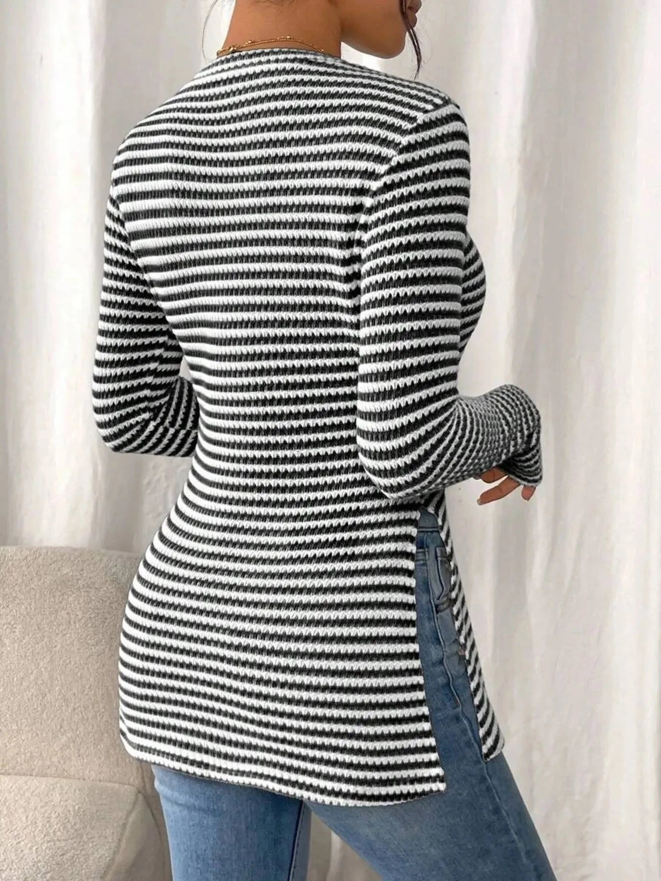 Side Slit Striped Long Sleeve T-Shirt