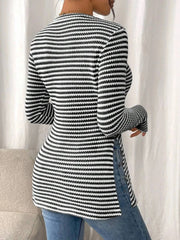 Side Slit Striped Long Sleeve T-Shirt