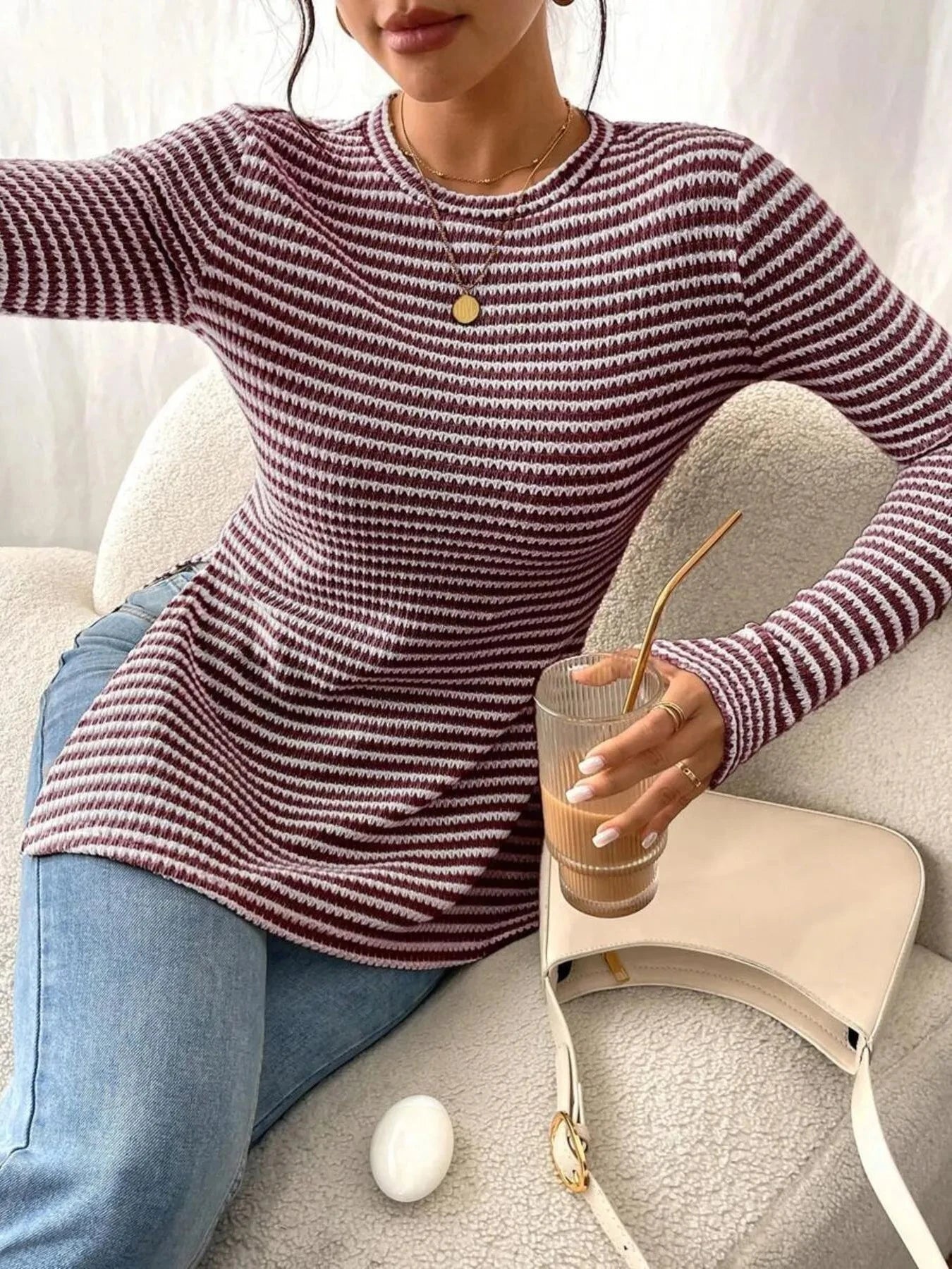 Side Slit Striped Long Sleeve T-Shirt