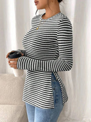 Side Slit Striped Long Sleeve T-Shirt