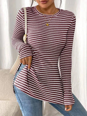 Side Slit Striped Long Sleeve T-Shirt