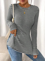 Side Slit Striped Long Sleeve T-Shirt