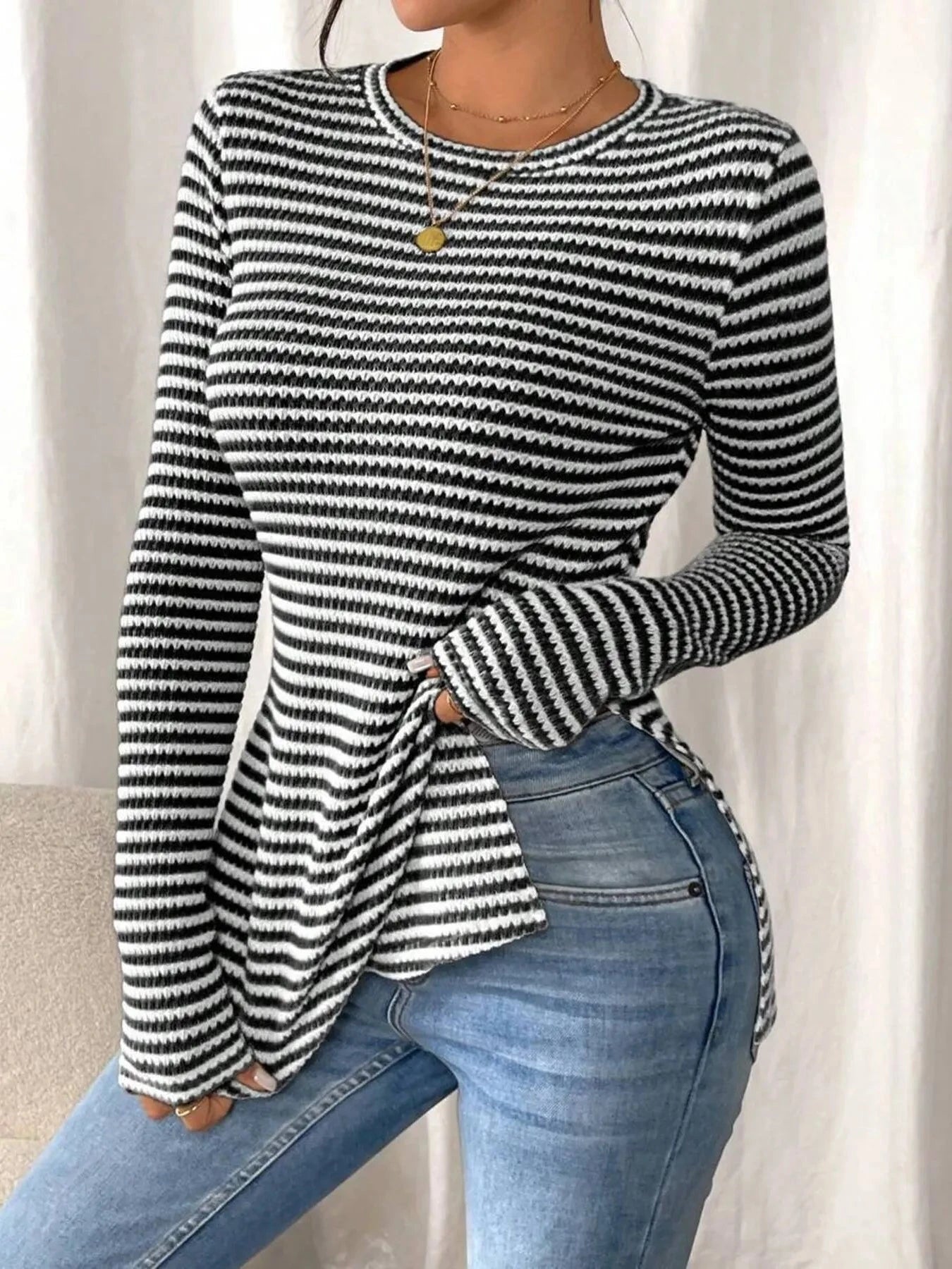 Side Slit Striped Long Sleeve T-Shirt
