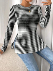 Side Slit Striped Long Sleeve T-Shirt