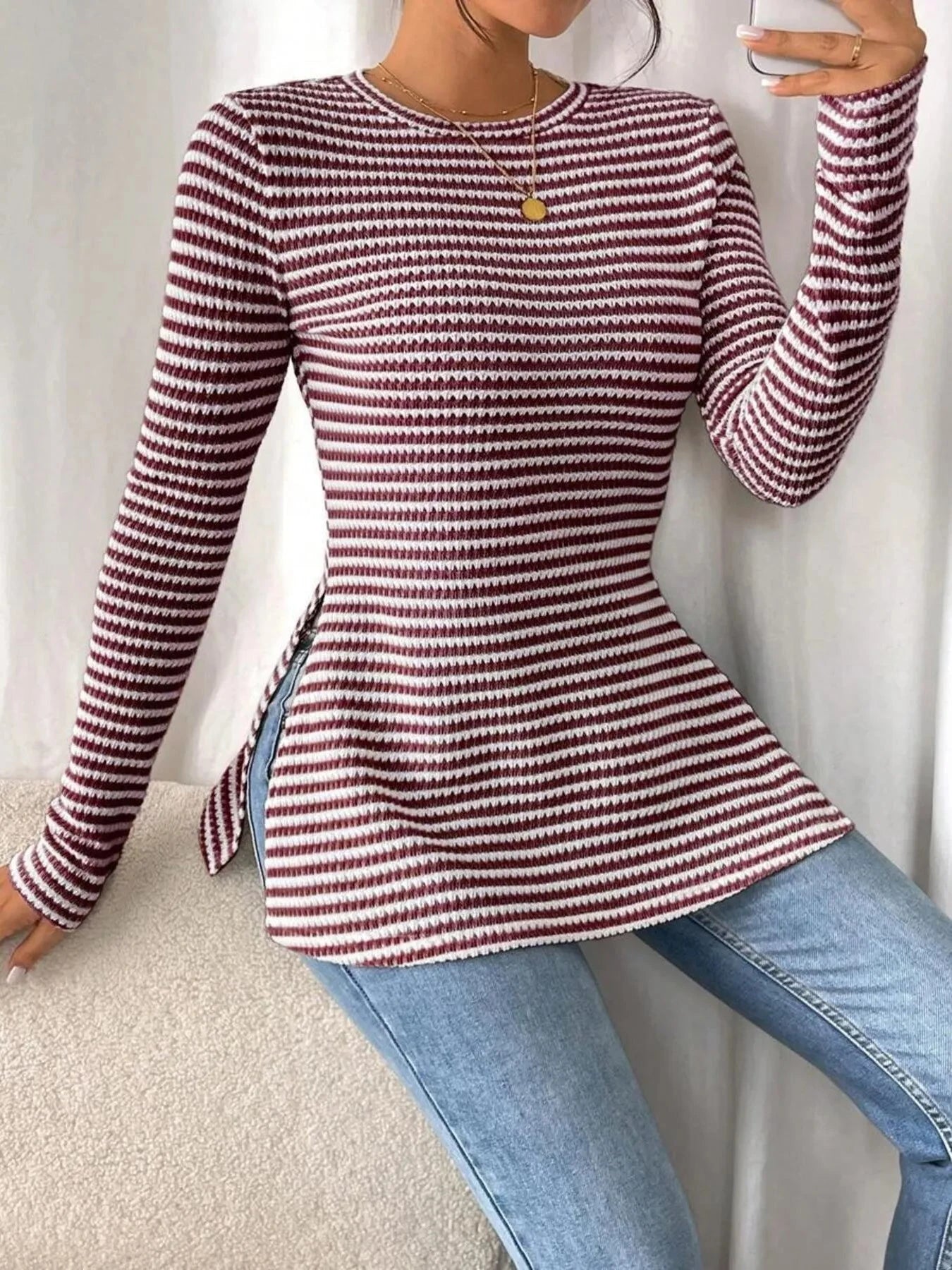 Side Slit Striped Long Sleeve T-Shirt