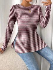 Side Slit Striped Long Sleeve T-Shirt