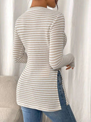 Side Slit Striped Long Sleeve T-Shirt