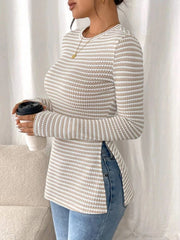 Side Slit Striped Long Sleeve T-Shirt