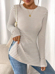 Side Slit Striped Long Sleeve T-Shirt