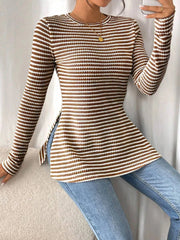 Side Slit Striped Long Sleeve T-Shirt Brown / S