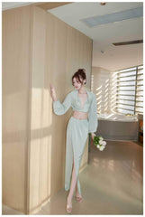 Silky Draped Long Sleeve Two Piece Set